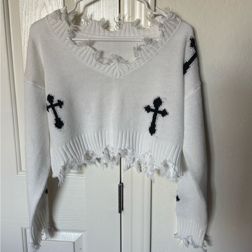 SHEIN White V-Neck Sweater with Black Crosses